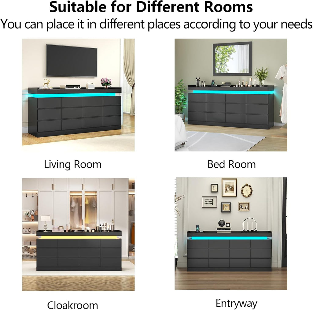 12 Drawer Dresser with Power Outlet, Modern Dresser with LED Light | Chest of Drawers for Closet, Double Wide Drawer