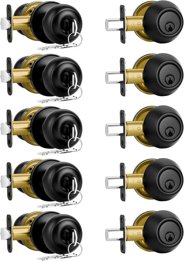 5 Pack Front Door Lock Set Matte Black,Exterior Door Lock Set with Deadbolt,Single Cylinder Deadbolt Lock and Door - Door Knob