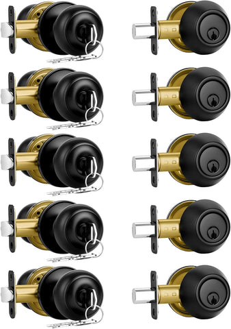 5 Pack Front Door Lock Set Matte Black,Exterior Door Lock Set with Deadbolt,Single Cylinder Deadbolt Lock and Door - Door Knob