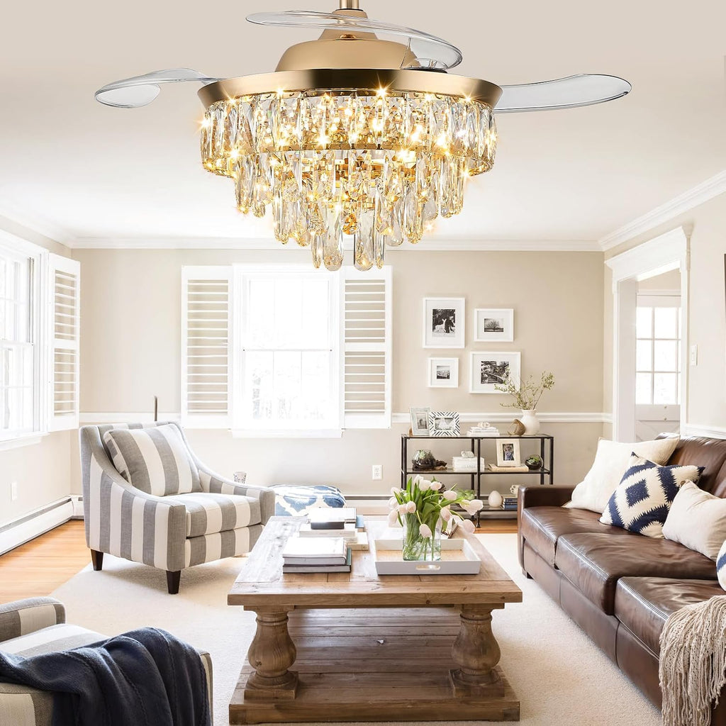 36" Crystal Ceiling Fan with Light, Retractable Fandelier with Remote/App