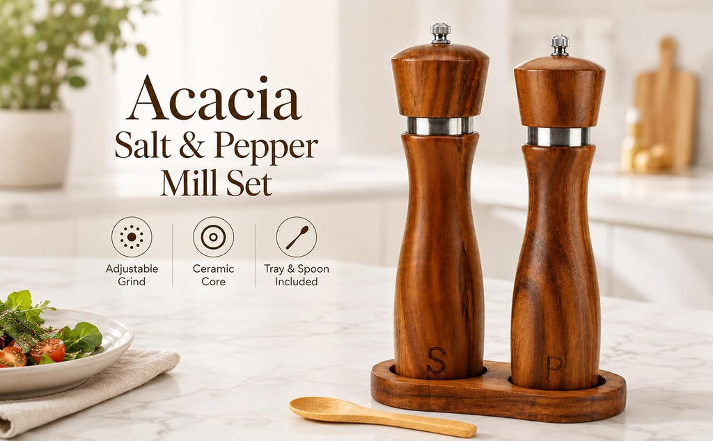 Wooden Salt and Pepper Grinder Set, 8 Inch Solid Hardwood Spice Mills with Adjustable Ceramic Rotor, Refillable - Set of 4