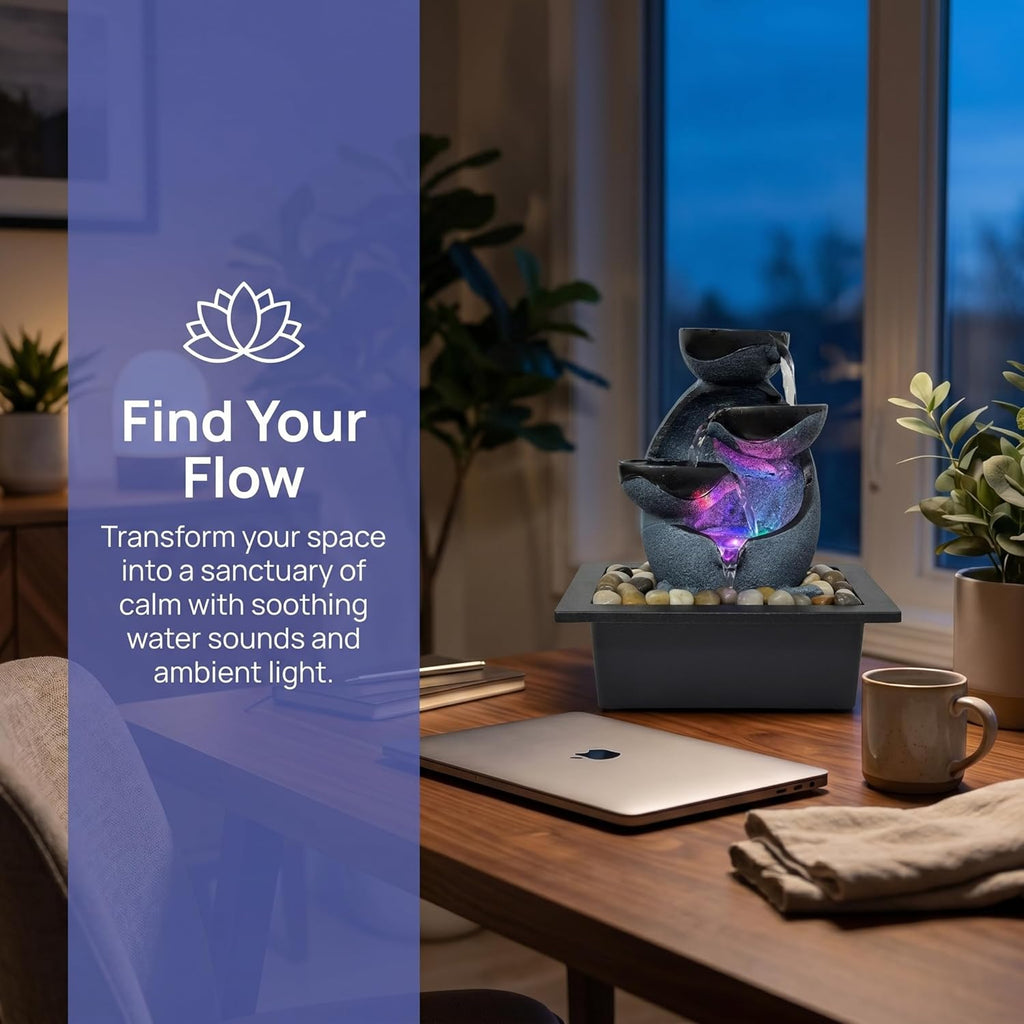 Tabletop Water Fountain with LED Lights, Indoor Resin Waterfall Fountain for Desk Office Home Decor, Zen Meditation