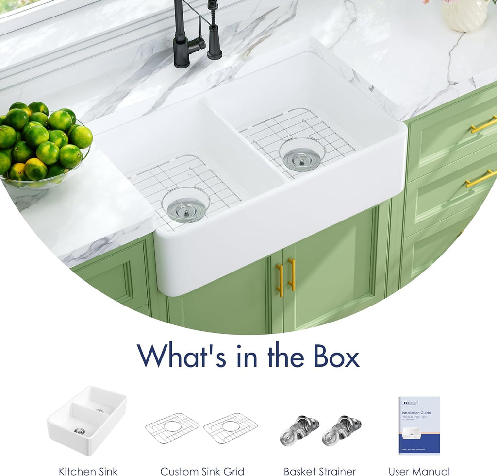 Farmhouse Sink 33x20 White Fireclay Deep Double Bowl Kitchen Sink | Smooth Glazed Surface, Easy to Clean, Apron Front