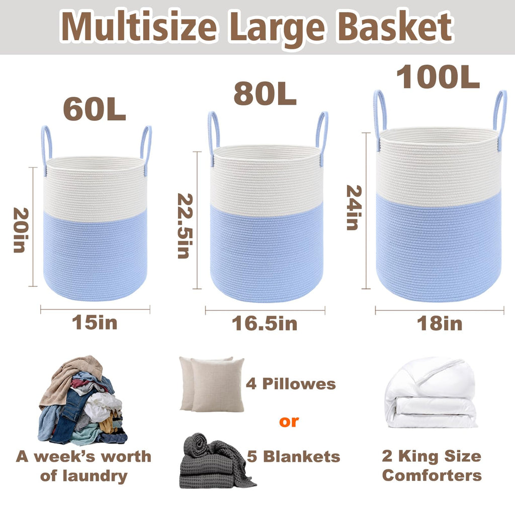 Cotton Rope Laundry Basket Hamper, White & Blue