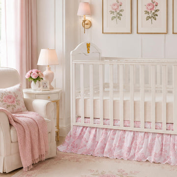 Organic Cotton Crib Skirt Dust Ruffle, Baby Girl Crib Bed Skirt, 4-Sided, Luxury French Vintage Pink Rose Floral &