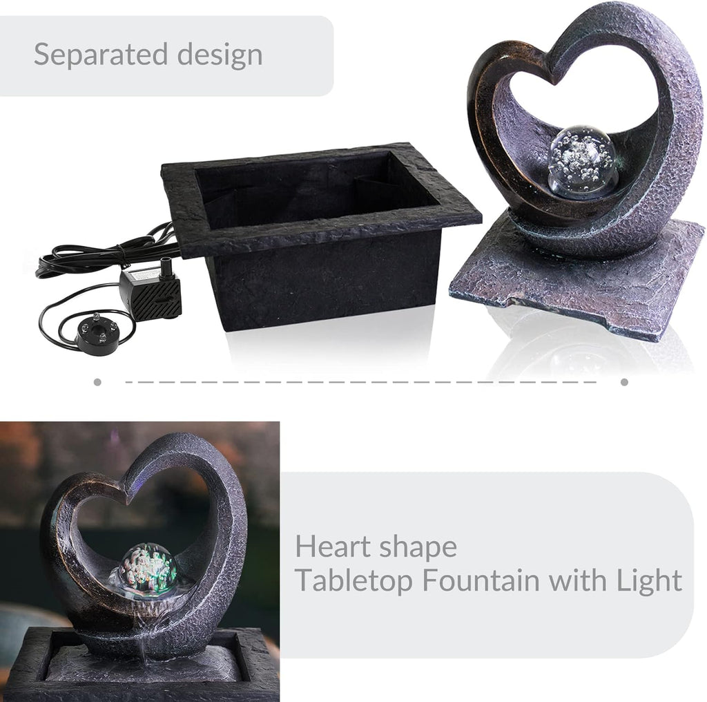 Tabletop Water Fountain, Zen Meditation Indoor Waterfall Fountain, Heart Shape Decoration with LED Light Bedroom