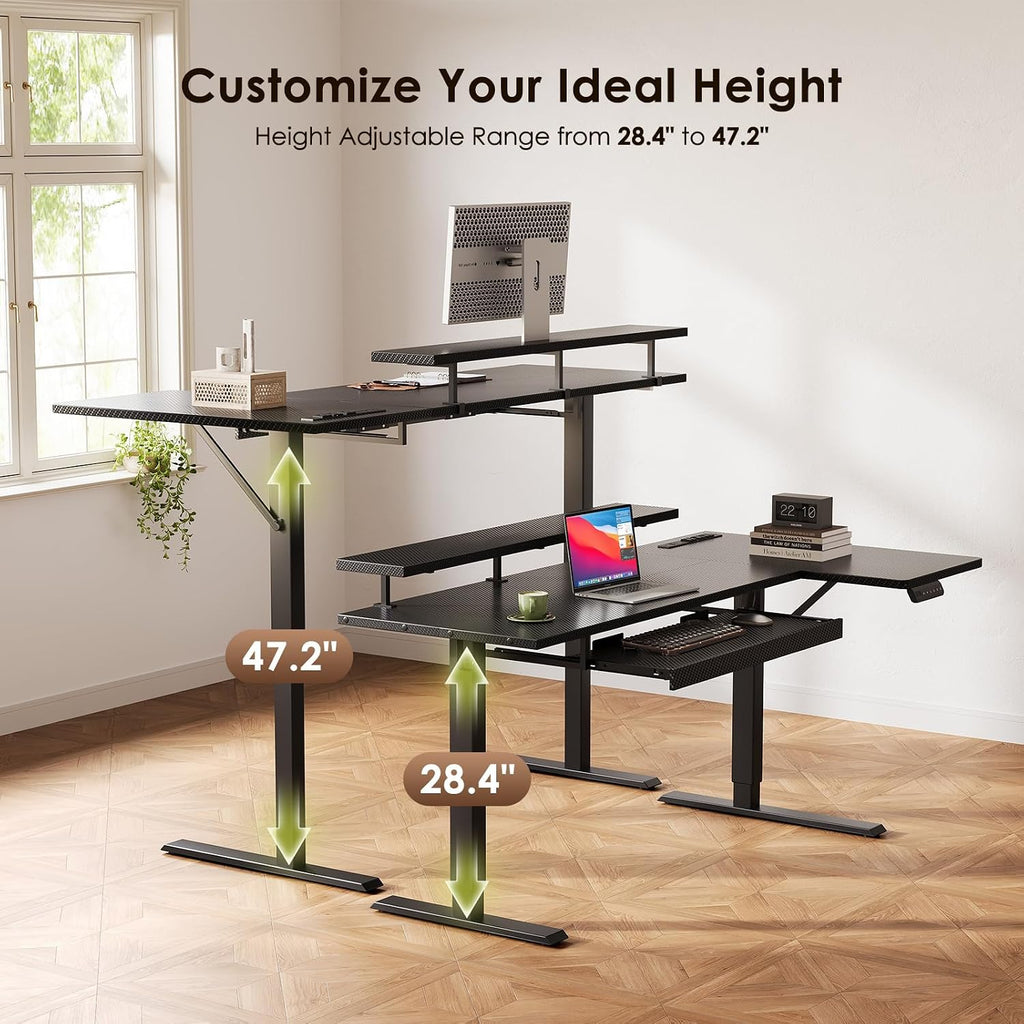 55" Reversible L Shaped Electric Standing Desk, Carbon Fiber Black | Monitor Stand, Keyboard Tray, Power Outlets, 3