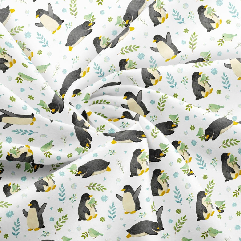 Cartoon Penguin Fabric by The Yard, Cute Birds Leaves Soft Polyester Fabric for Sewing Lover, Wild Animals Plants No