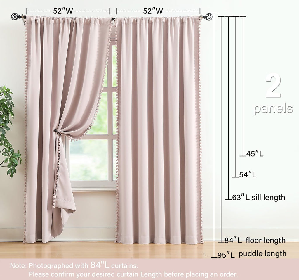 Pompom Blackout Curtains Pink Girls 84 inch Energy Efficient Thermal Insulated Living Room Darkening Curtain Panels