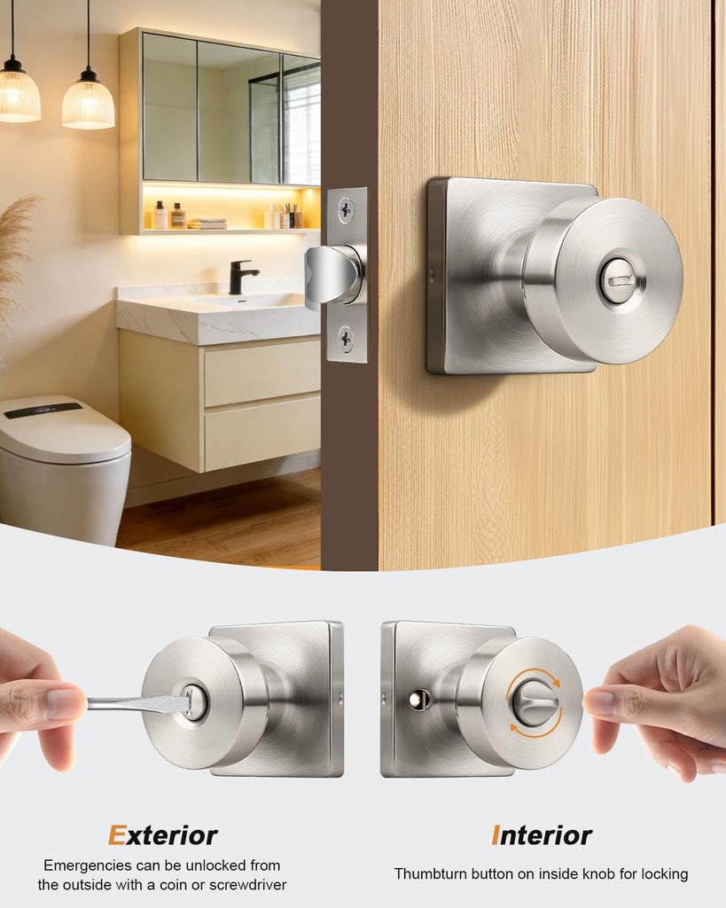 Bedroom Door Knobs Interior 6 Pack, Door Locks s in Brushed Nickel Finish, Classic Privacy Square Panel Knob /Bedroom