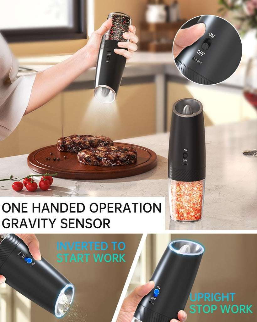 Rechargeable Salt and Pepper Grinder Set Gravity Electric Salt and Pepper Grinder Set, LED Light, Adjustable - Set of 2