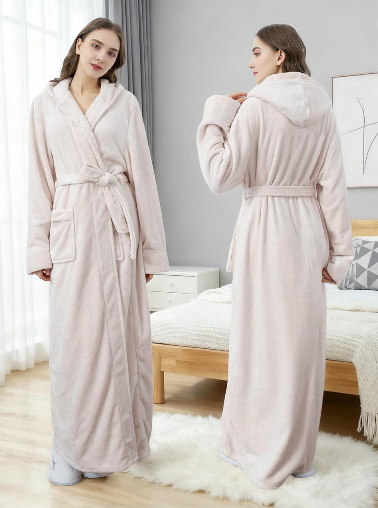 Women Hood Plush Robes: Full Long Fluffy Fleece Warm Bathrobes | Soft Hooded Floor Length Bath Robes With Belt And