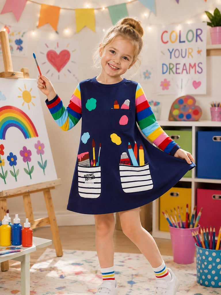 Toddler Girl Long Sleeve Dress Cotton Casual Basic Tunic Dresses Cartoon Applique Dress Kids Fall Winter Clothes
