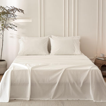 6PS Off White Bedding Sheet Set, 100% Washed Cotton