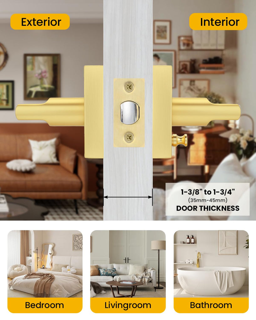Brushed Gold Door Handle Interior, Privacy Bedroom - 1 Pack