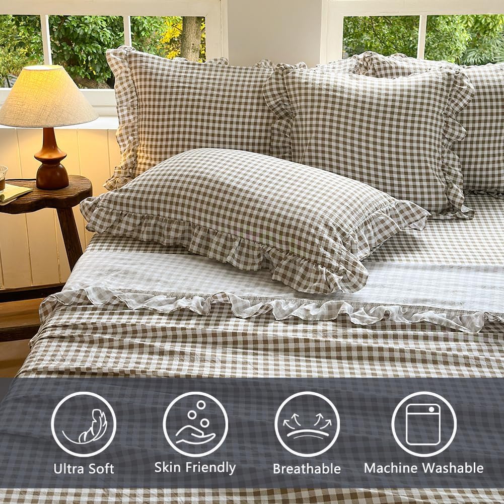 Tan Gingham Ruffle King Sheet Set, Taupe Soft Pre-Washed Microfiber Plaid King Bed Sheets, 4-Pieces Farmhouse Sheet