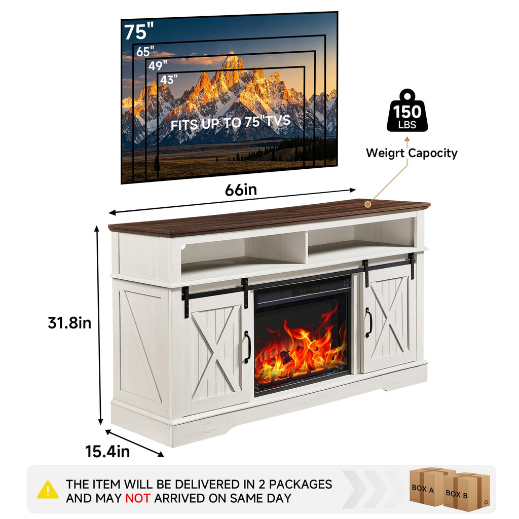 66 Inch Electric Fireplace TV Stand, White Farmhouse Media Console with Sliding Barn Doors, Entertainment Center with