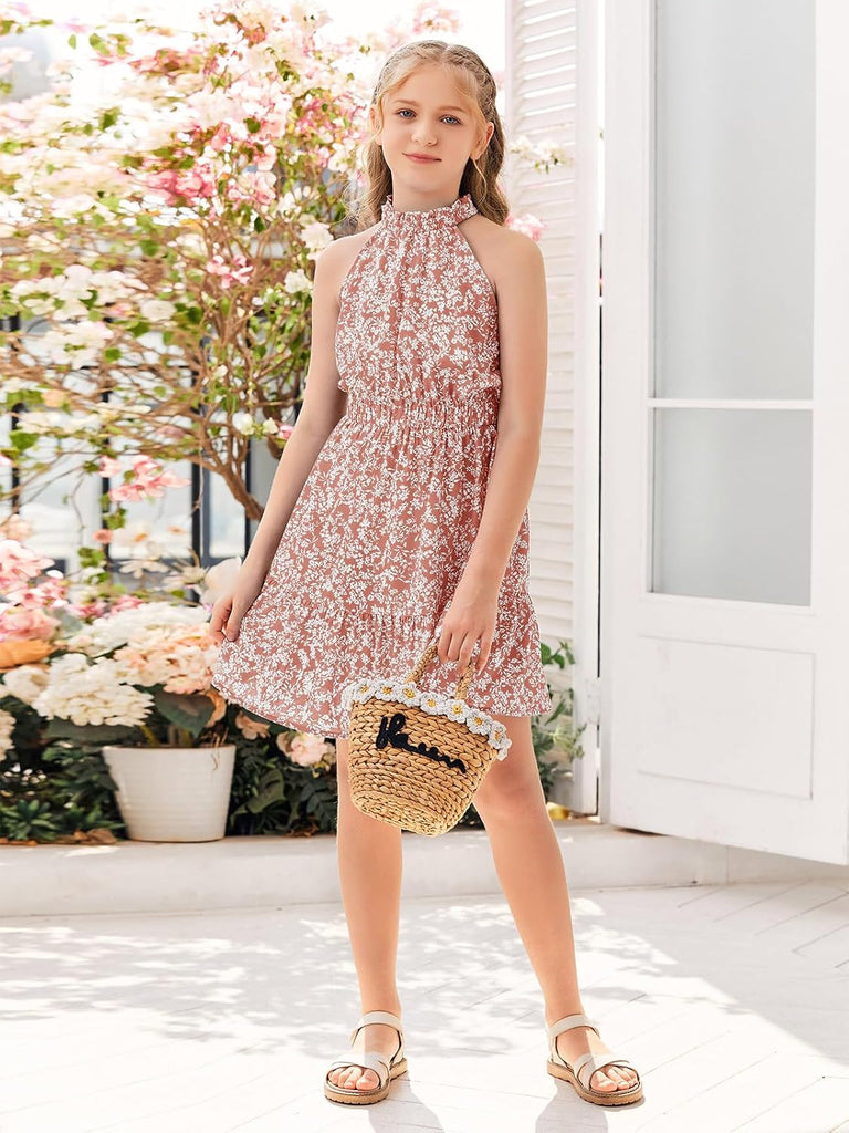 Floral Dresses Kids Summer Casual Halter Sleeveless Dresses
