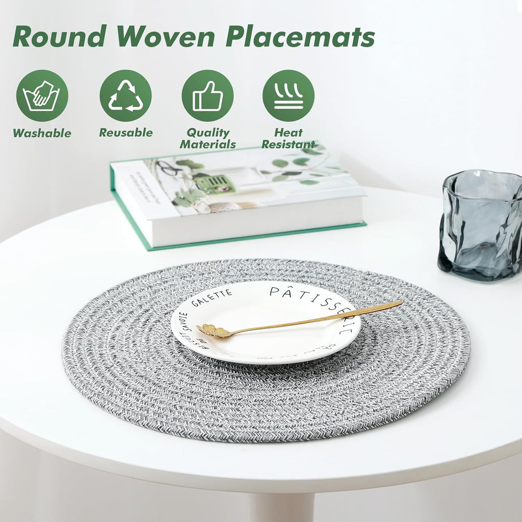 Round Woven Placemats 13.5 Inches Heat Resistant Placemats Farmhouse Cotton Rope Braided Place Mats for Dining - Set of 8