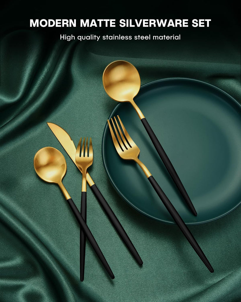 40-Piece Modern Matte Silverware Set, Black Gold Flatware Set for 8, Premium Stainless Steel Cutlery Set with Forks