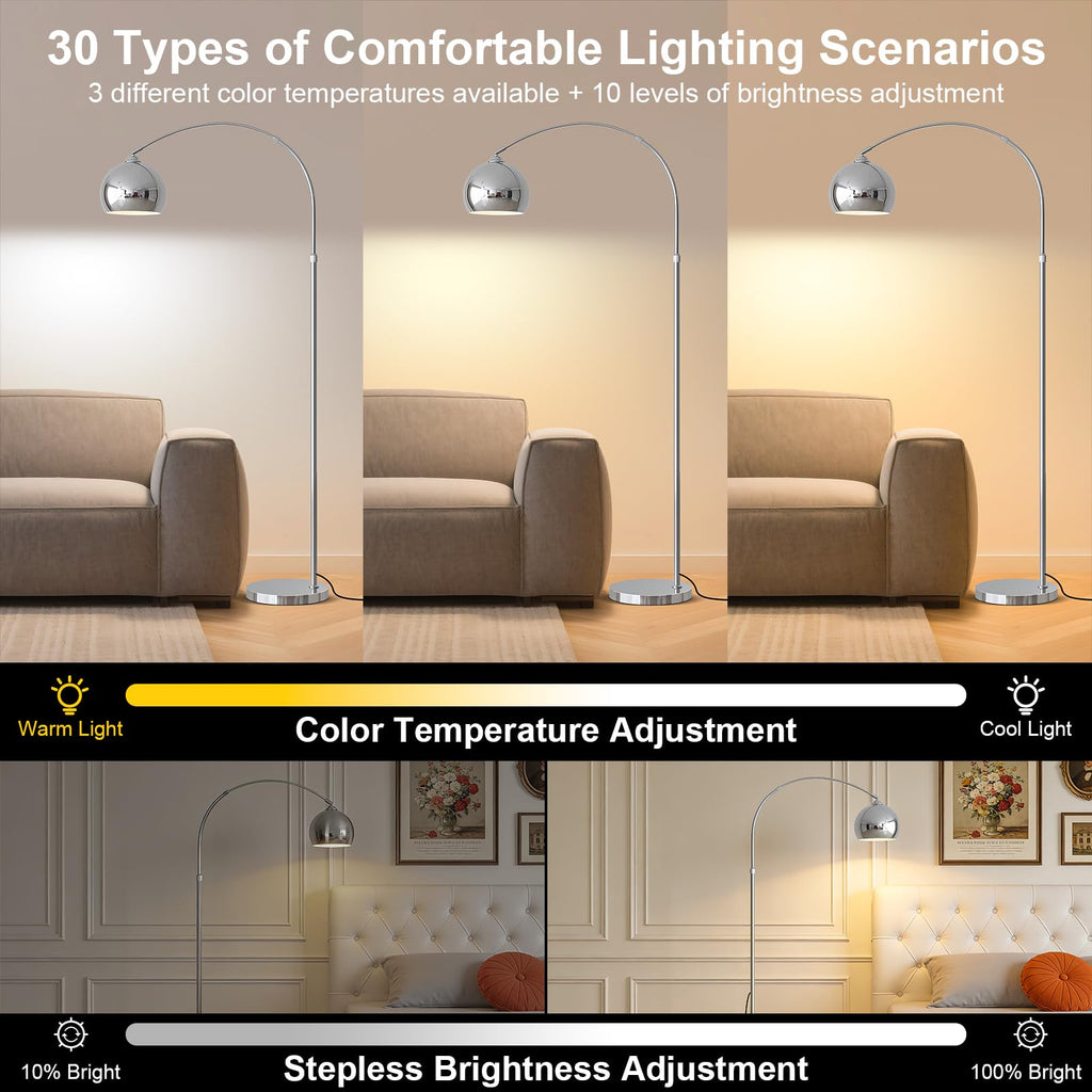 Glossy Chrome Silver Arc Floor Lamp with 12W LED Remote Dimming
