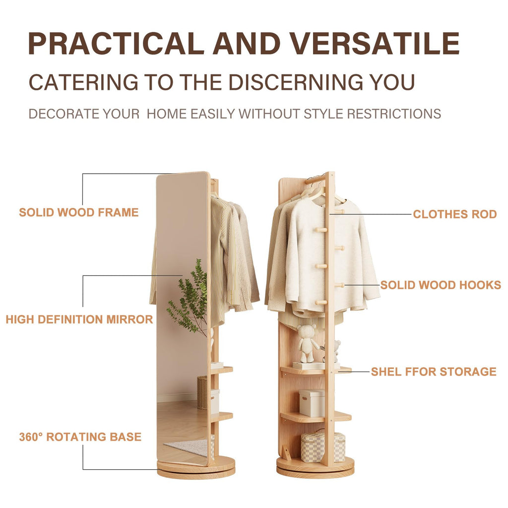 Full Length Mirror Coat Rack Solid Wood Floor Mirror 66"x12" Full Length Mirror with Stand Long Mirrors (Natural, 66"