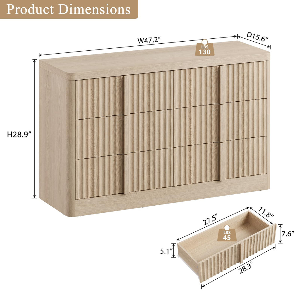 47" Wide Fluted 6 Drawer Dresser, Natural Oak
