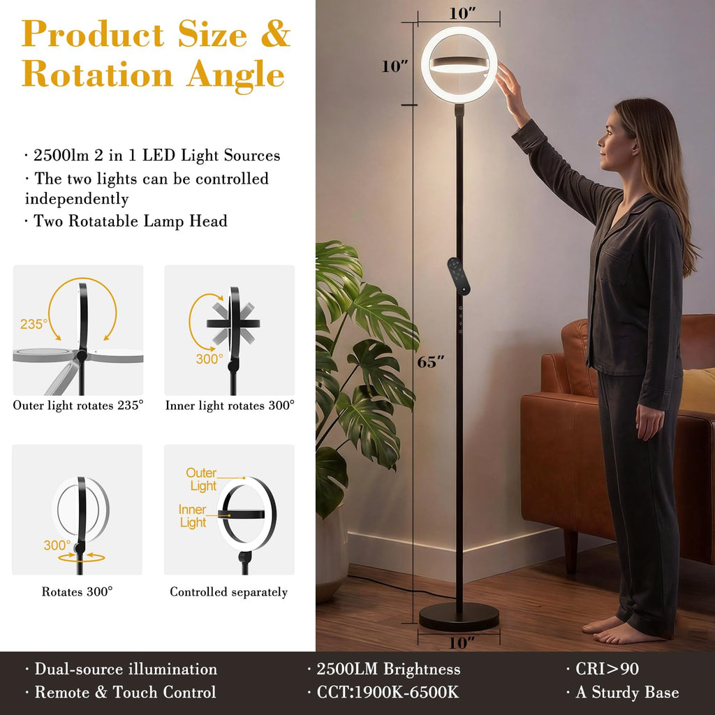 36W 2500lm Bright LED Floor Lamp, 75.5 Inch Tall Standing Lamp Stepless Dimmable with Remote, Torchiere Lamp with 2