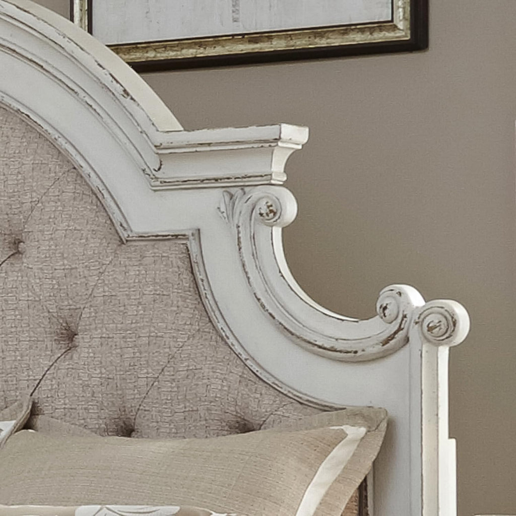 Magnolia Manor Queen Upholstered Panel Headboard European Traditional Bedroom - Antique White & Weathered Bark Oak