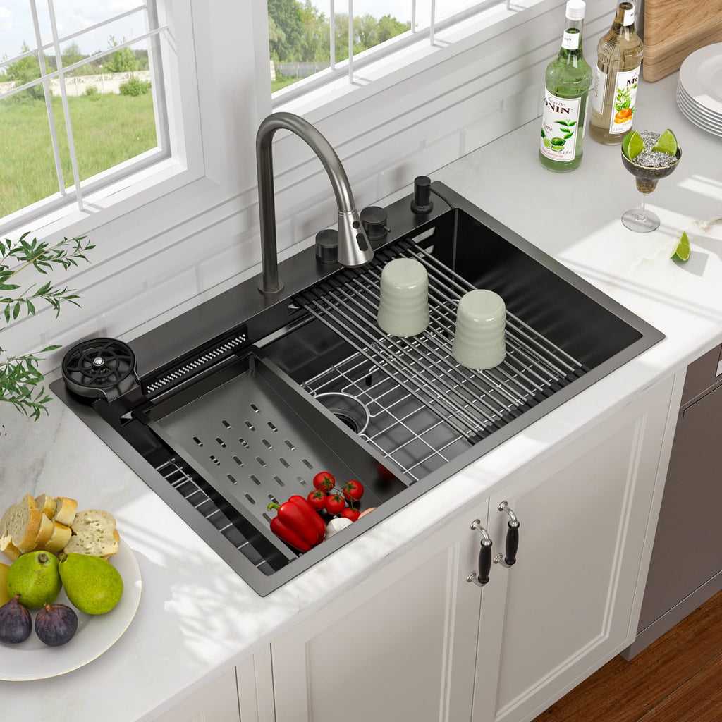 33 inch Waterfall Drop Sink Workstation with Faucet - 33x22 Black 16 Gauge Stainless Steel, Topmount Single Bowl