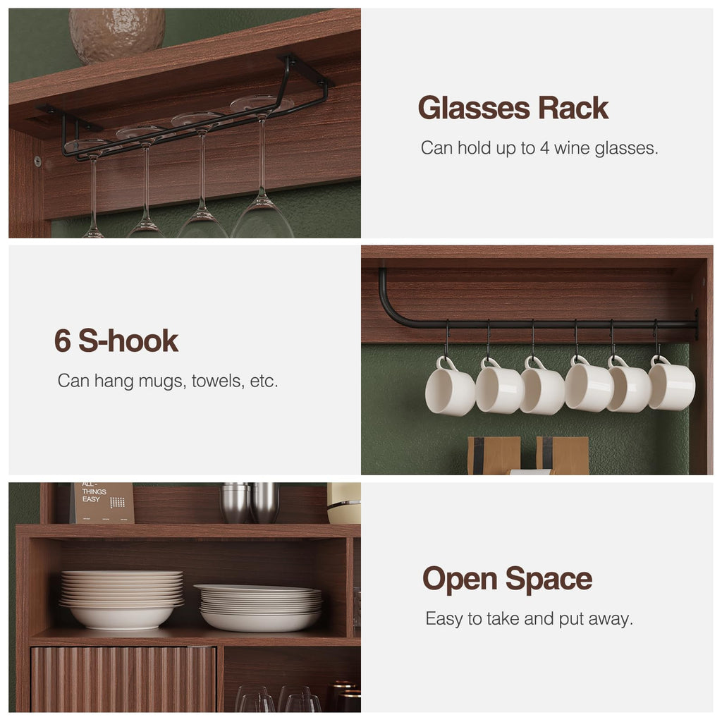 Fluted Buffet Cabinet with Storage, Modern Coffee Bar Cabinet, Walnut