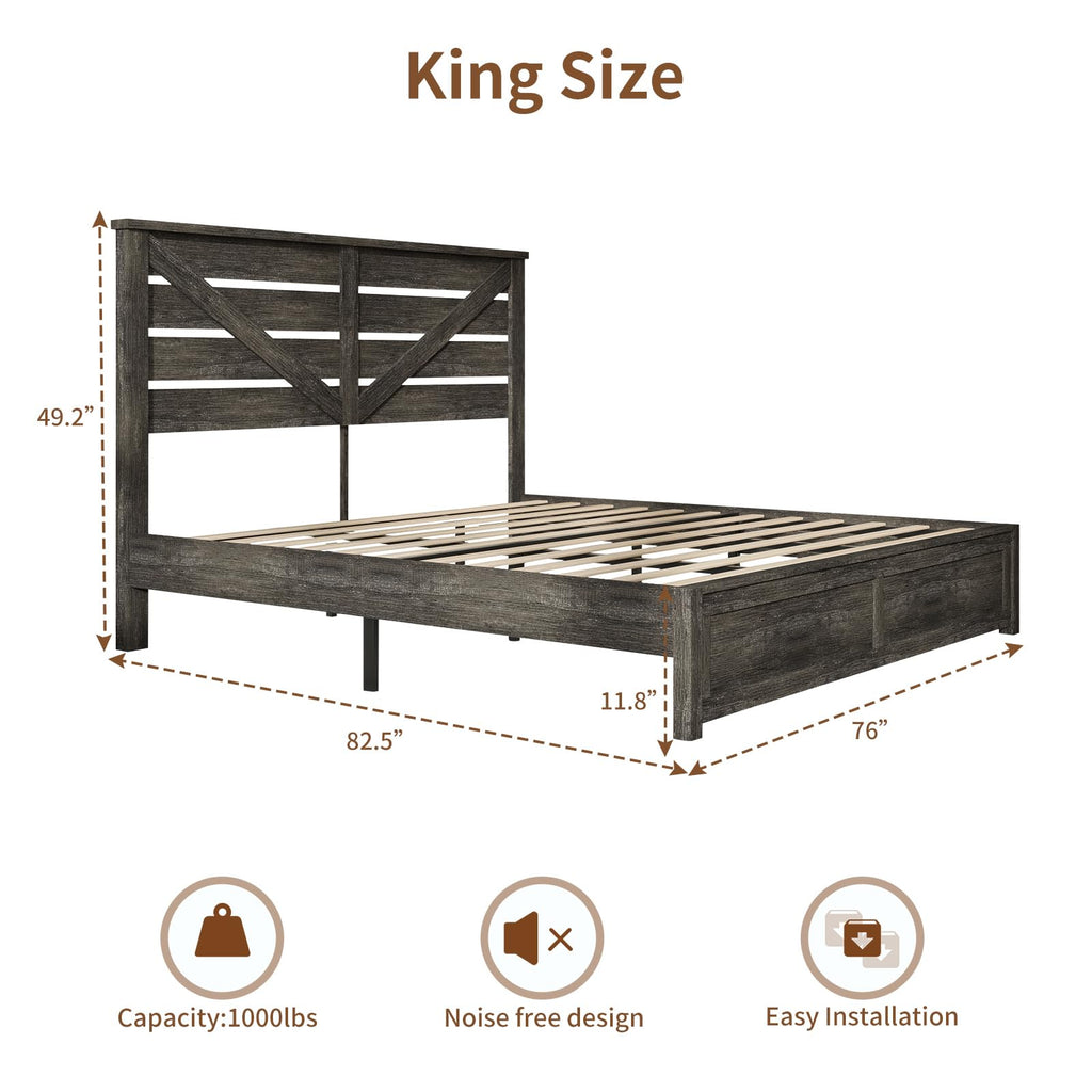 Farmhouse Wooden Bed Frame with 49.2" Headboard, Grey