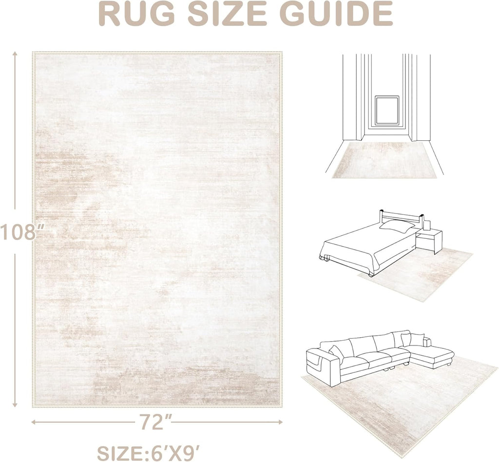 Area Rugs 6x9 Living Room: Washable Rug Modern Abstract Large Rug Soft Non Slip Neutral Rugs Stain Resistant Indoor