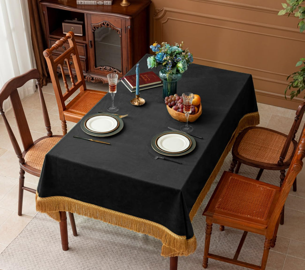 Vintage Black Velvet Tablecloth, Rectangular Retro Table Cover, Plush Velvet with Ornate Gold Tassel Trim, Farmhouse