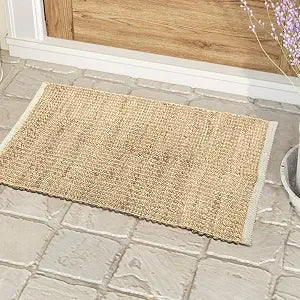 2x3 Jute Cotton Hand Woven Rug | Braided Doormat, Boho, Rustic, Natural Jute/Ivory | Farmhouse Vintage Area Rugs, and