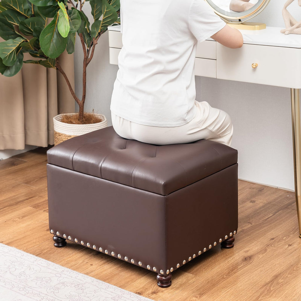 Bonded Leather Square Tufted Storage Footstool, 18" ottoman, Dark Brown