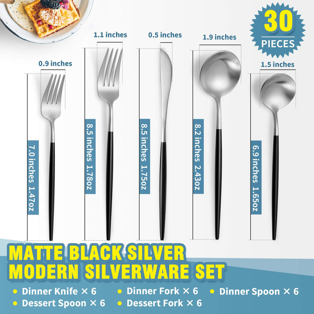 Matte Black Silver Silverware Set for 6,Modern Stainless Steel Brushed Cutlery Set,30-Pieces Heavy Duty Flatware