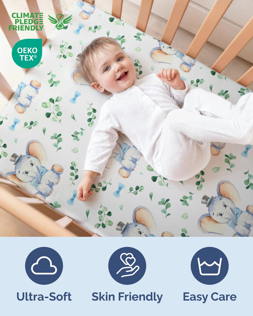 Crib Sheets - Pack of 2 Fitted Sheets for Standard Crib - 52x28in, Elephant