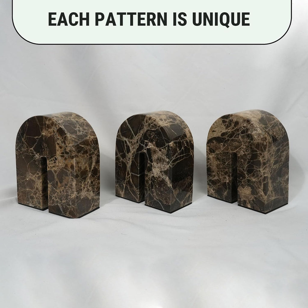 Natural Marble Bookends for Shelves,Unique Brown Arched Book Ends, Office bookends for Heavy Books, Set of 2,Heavy