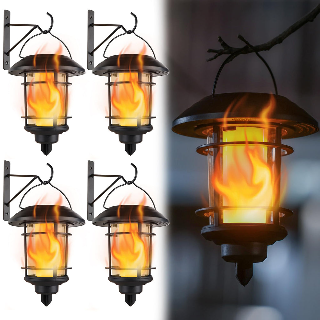 4 Pack Solar Flame Wall Lanterns Outdoor, Solar Powered Wall Mounted Sconce Lights, Flickering Flame LED Light Auto