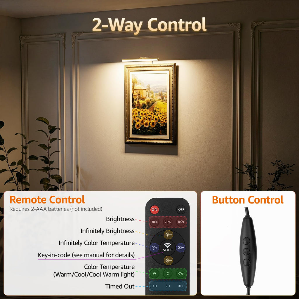 16" Plug in LED Picture Light, 5W Gold Remote Control Art Light