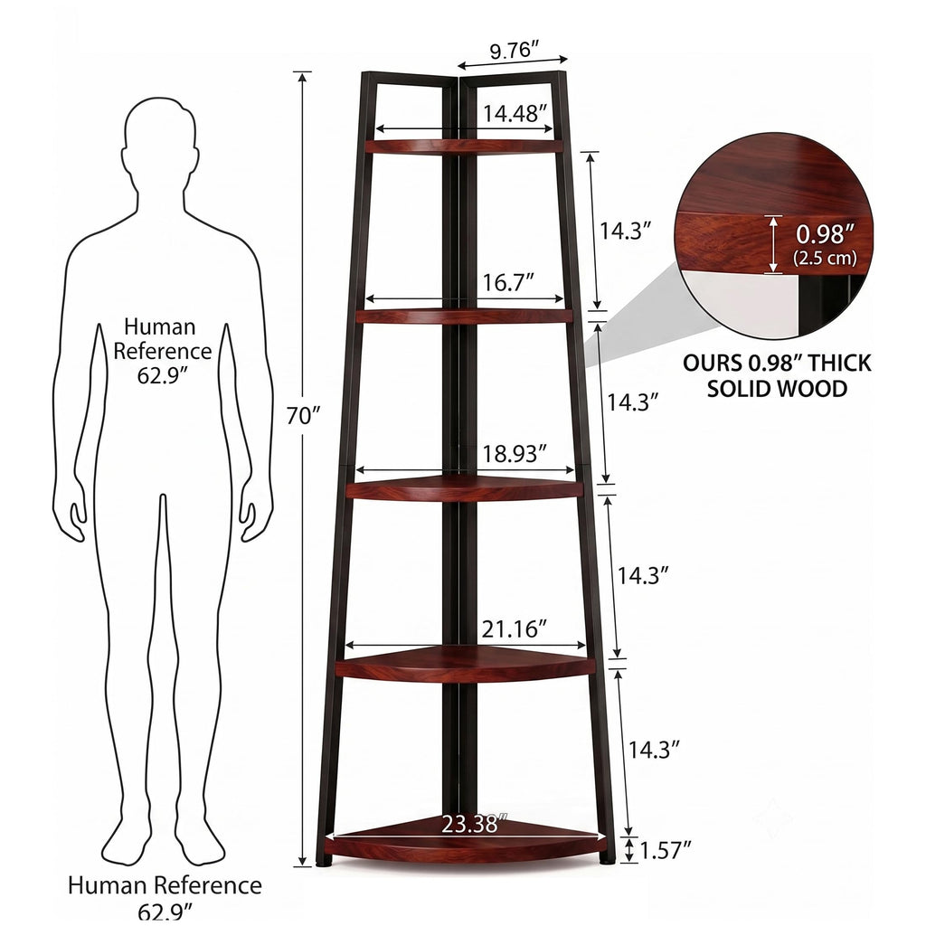5 Tier Tall Corner Shelf, 70 inch Solid Wood Rustic Corner Bookshelf Bookcase Industrial Ladder Shelf, Display Wooden