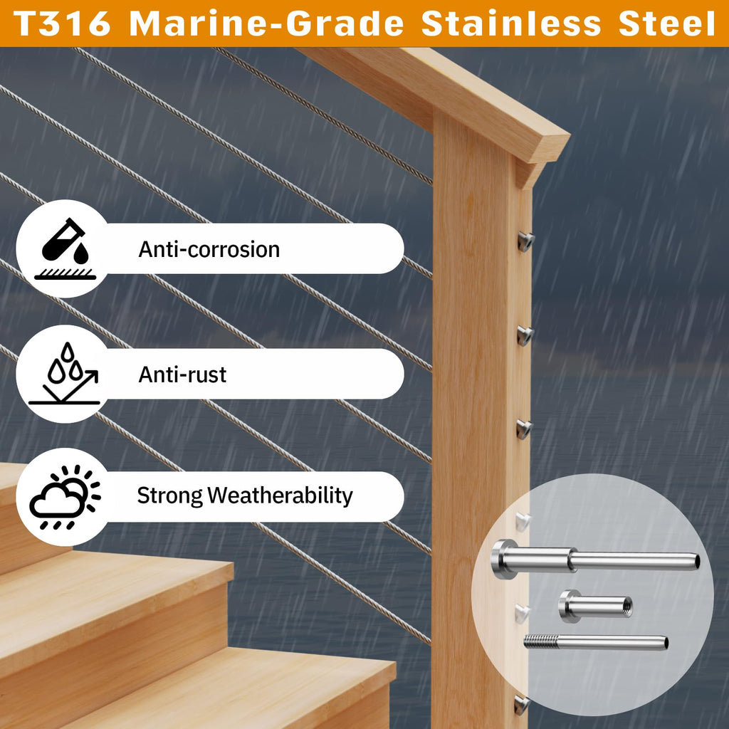 Invisible Cable Railing Kit - 50 Pack 1/8" T316 Stainless Steel Invisible Receiver Swage Stud End for 2"x2" Wood