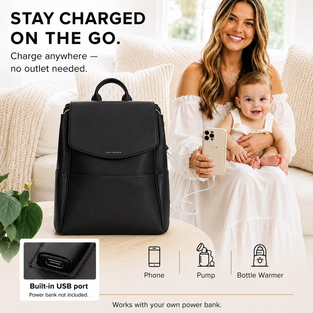 Leather Diaper Bag Backpack with USB Charging port, Changing Pad, Stroller Straps (Black Olivia)