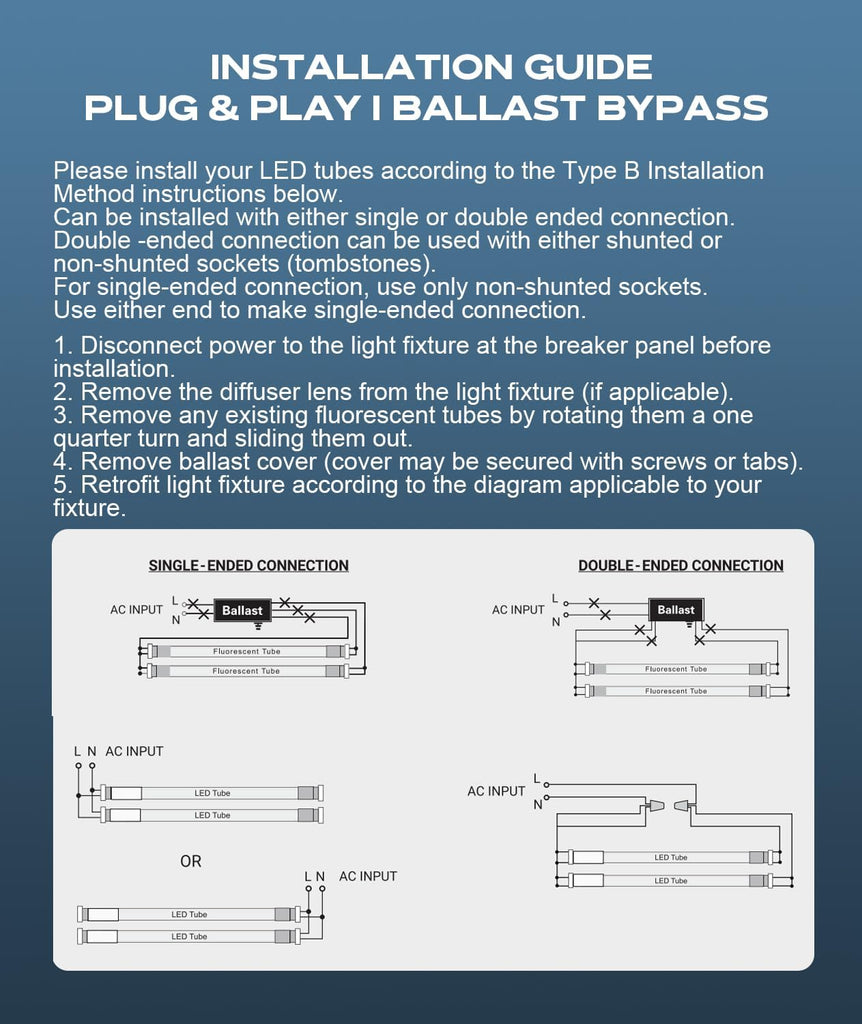 T8 LED Bulbs 4 Foot, Type A+B Ballast Bypass/Compatible, 18W 2250LM 5000K