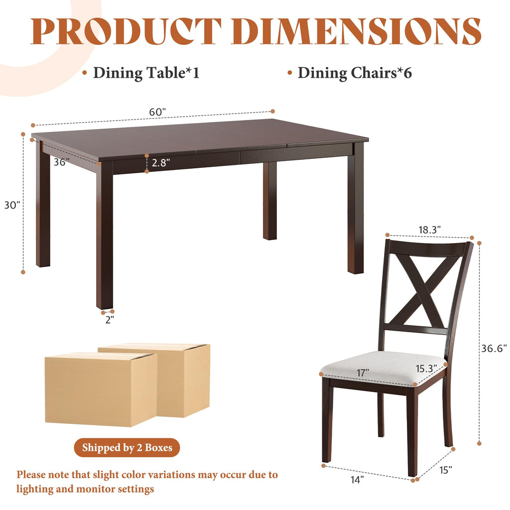 7-Piece Farmhouse Dining Table Set for 6, 60'' Table and 6 Chairs