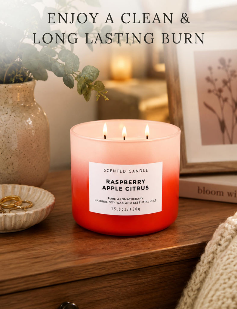 Raspberry Apple Citrus Scented Candle, Fruity 3-Wick Soy Candle, 15.8 Oz