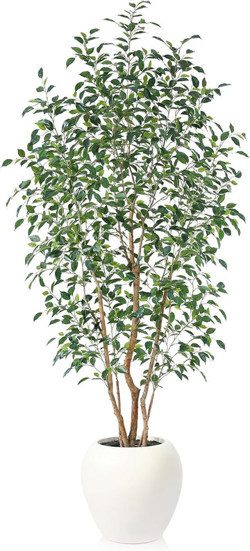8FT Artificial Ficus Tree, Indoor Faux Ficus Plant with Realistic Leaves & Natural Wood Trunk, 8ft Tall, Green, All