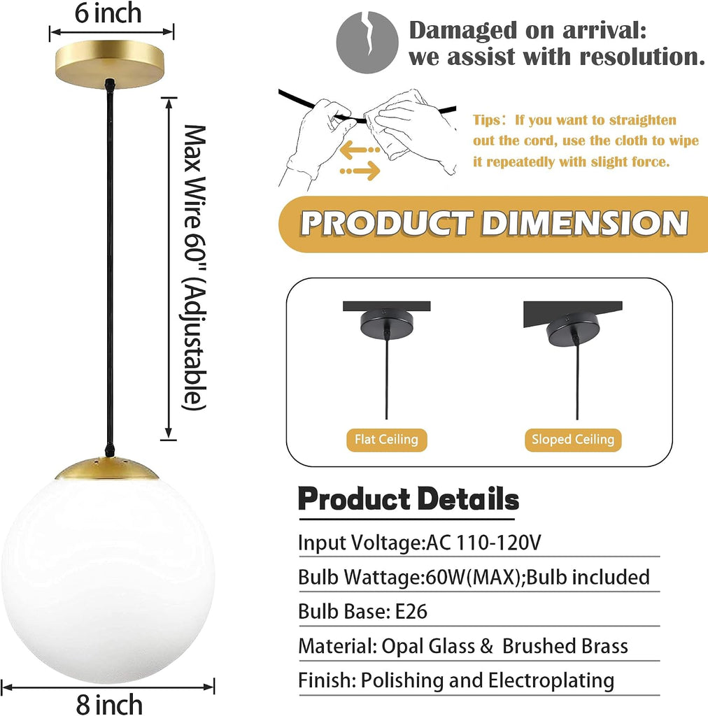 8 Inch Gold Modern Globe Pendant Light White Glass with Brass Finish Contemporary Mid Century Adjustable Hanging