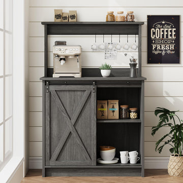 31" Farmhouse Coffee Bar Cabinet with Storage Hutch, Grey